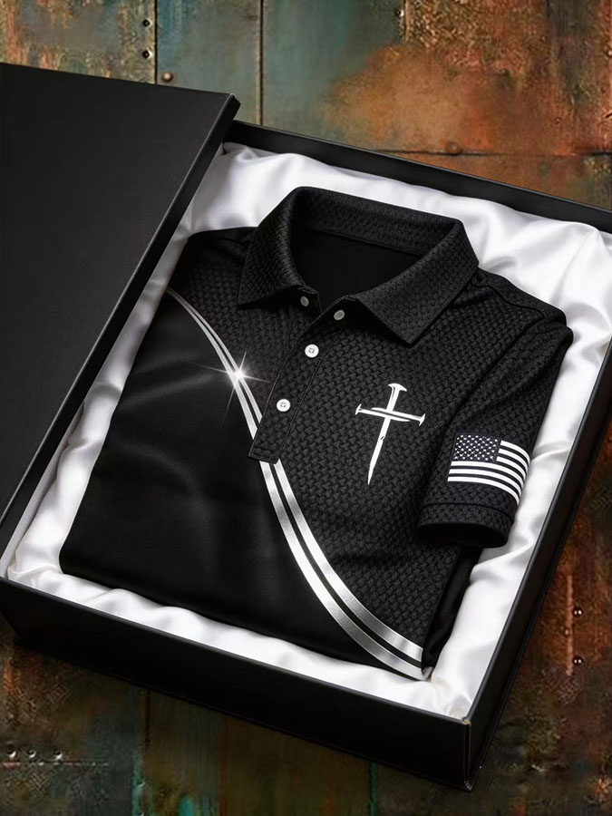 Men'S Flag Cross Printed Casual Polo Shirt