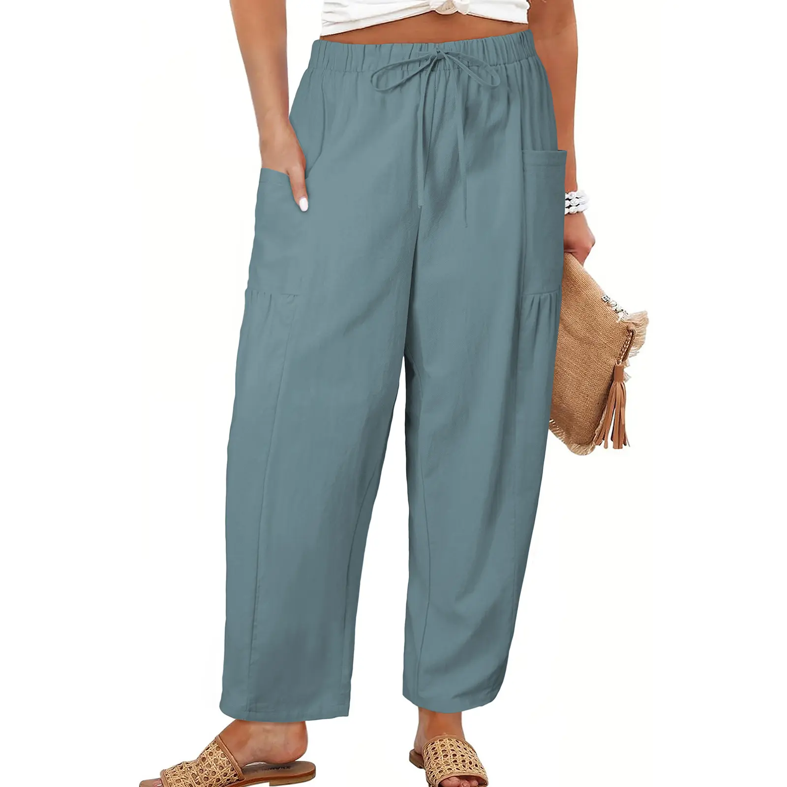 Women's Plus-Size Wide-Leg Pants — Pure Cotton Loungewear with Pockets