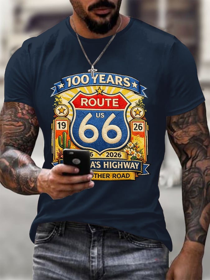 Men's Route 66 Centennial Mother Road Print Round Neck T-shirt