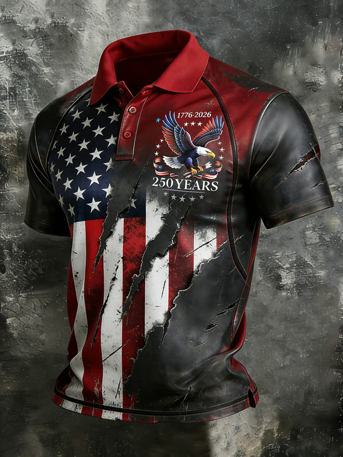 Men'S Retro American Founding Celebration Striped Raglan Polo Shirt