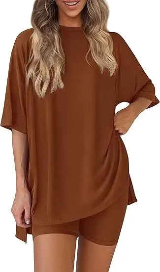 🔥Women's Two Piece Lounge Set 2026 Summer Casual Oversized Shirts Biker Shorts Matching Airport Travel Outfit