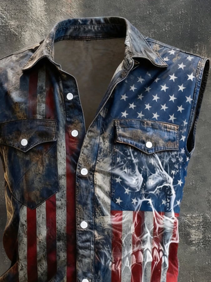 Men's Retro Patriotic Color-Block Printed Sleeveless Shirt