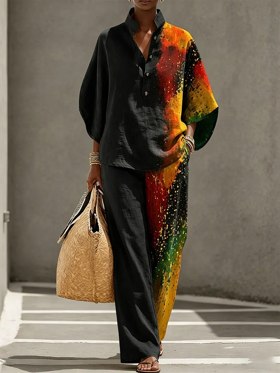 Women’s Colorful Paint Splash Pattern Creative Print Two-Piece Set