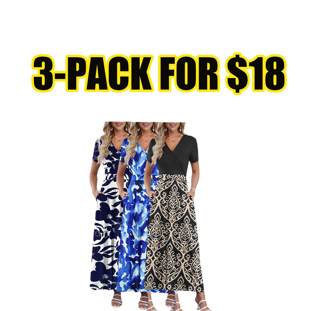 Women’s V-Neck Floral Maxi Dress – Ankle Length Flowy Beach Dress with Pockets