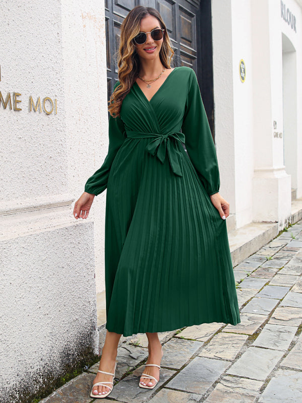 Cross V-Neck Large Pleated Midi Skirt