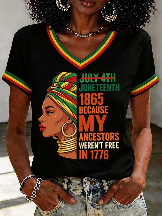 July 4th, 1865, Juneteenth, Because My Ancestors Were Not Freed In 1776. Women'S Black Juneteenth Print T-Shirt.