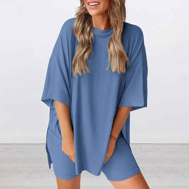 Women's Summer Two-Piece Set Casual Oversized Split Hem Shirts