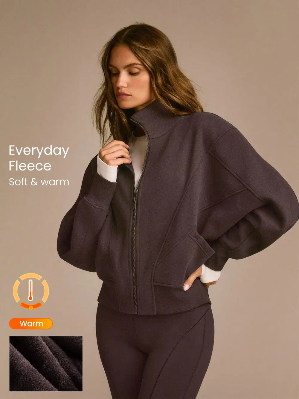 Everyday Fleece WarmthSoft Warm Lightweight Front Back Seam Detailing Pockets Batwing Sleeve High Neckline Full-Zip Jacket