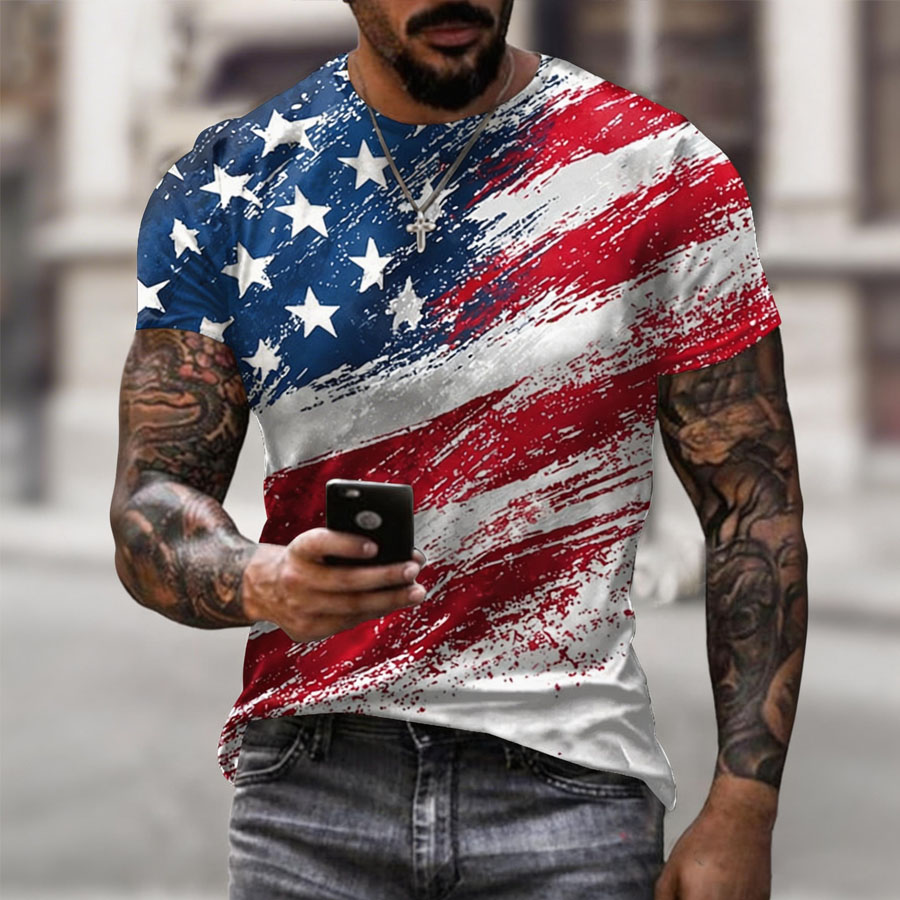 Men'S Retro American Flag Printed Casual T-Shirt