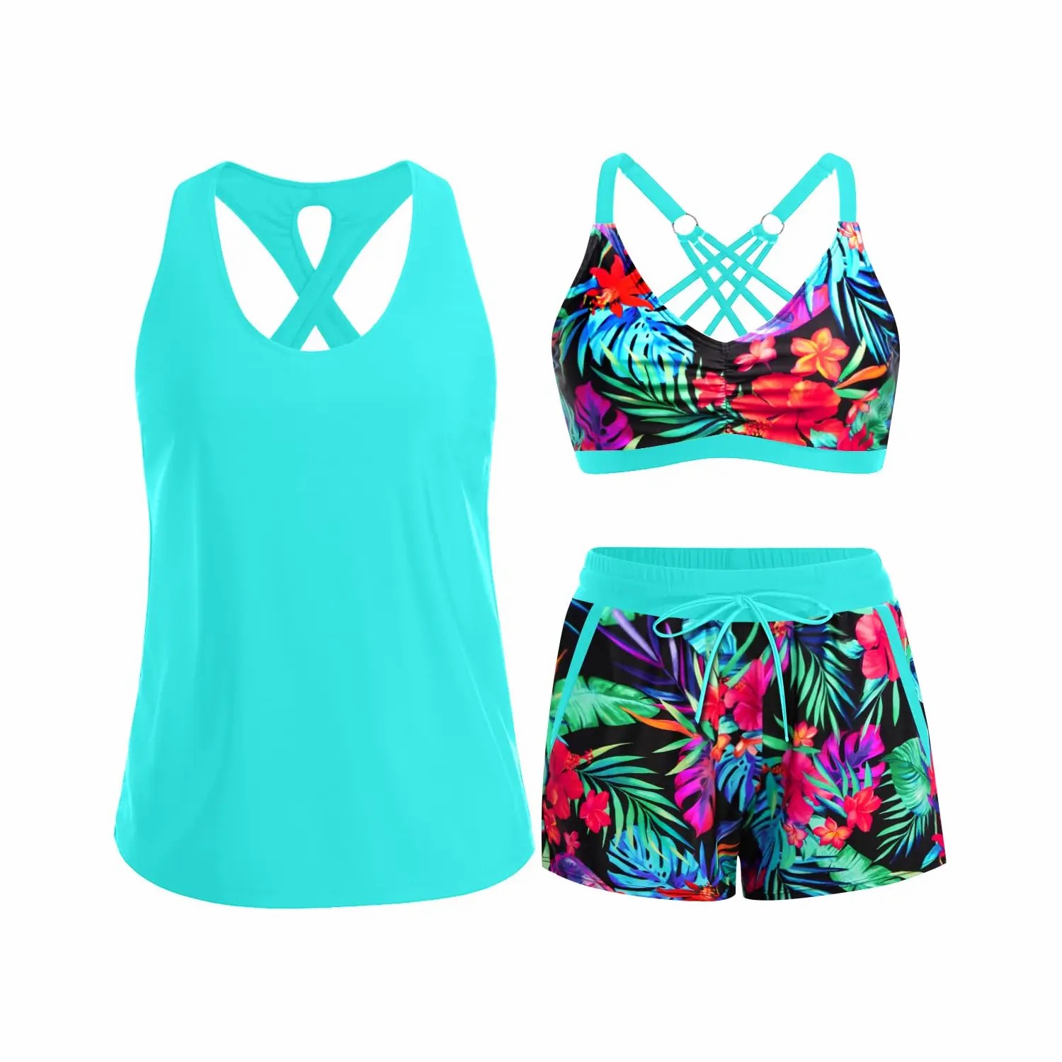 Women's 3-Piece Tankini with Swim Shorts – Modest Athletic Bathing Suit with Pockets