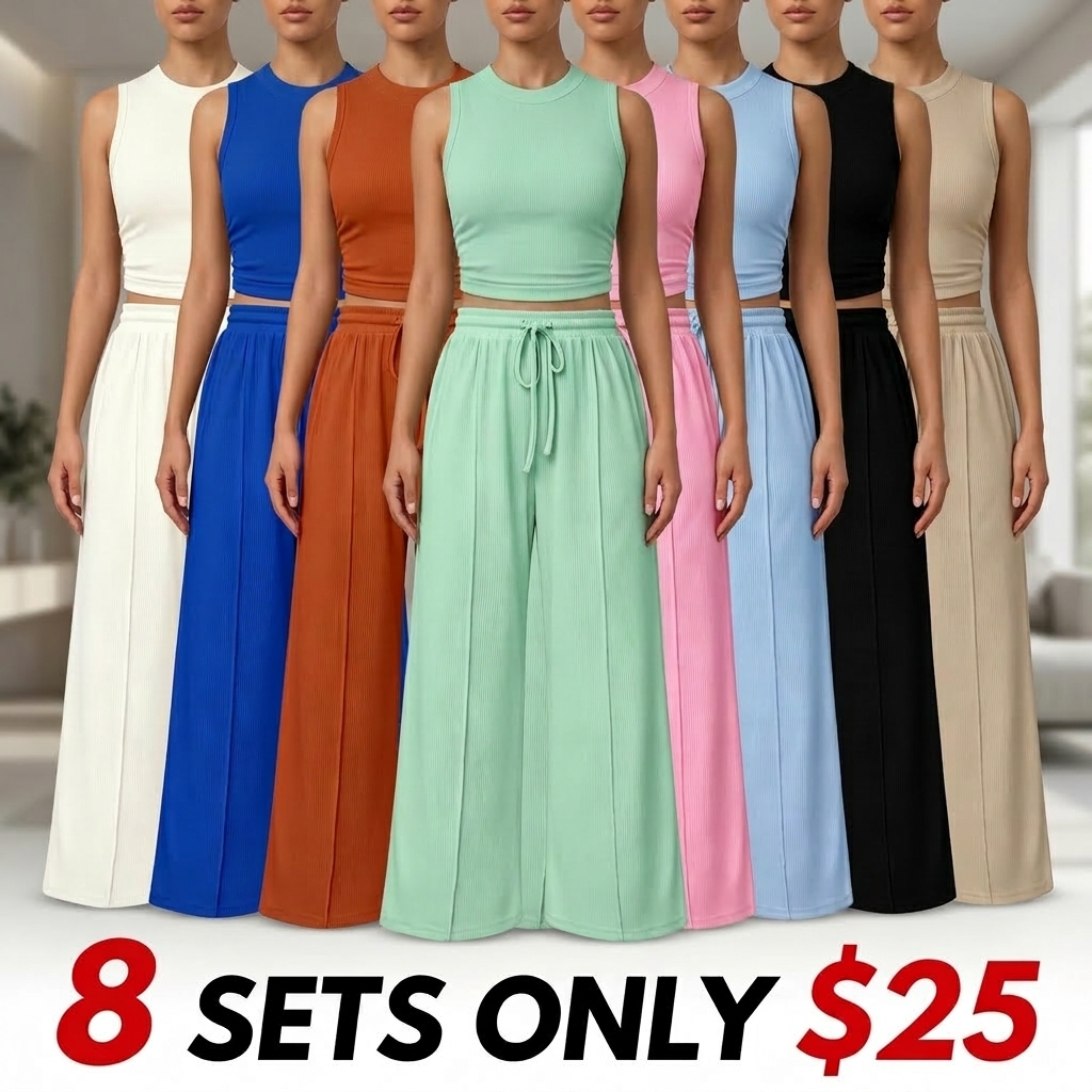 Women's Summer 2-Piece Outfits - Ribbed Knit Crew Neck Sleeveless Cropped Top & Wide Leg Pants Lounge Set