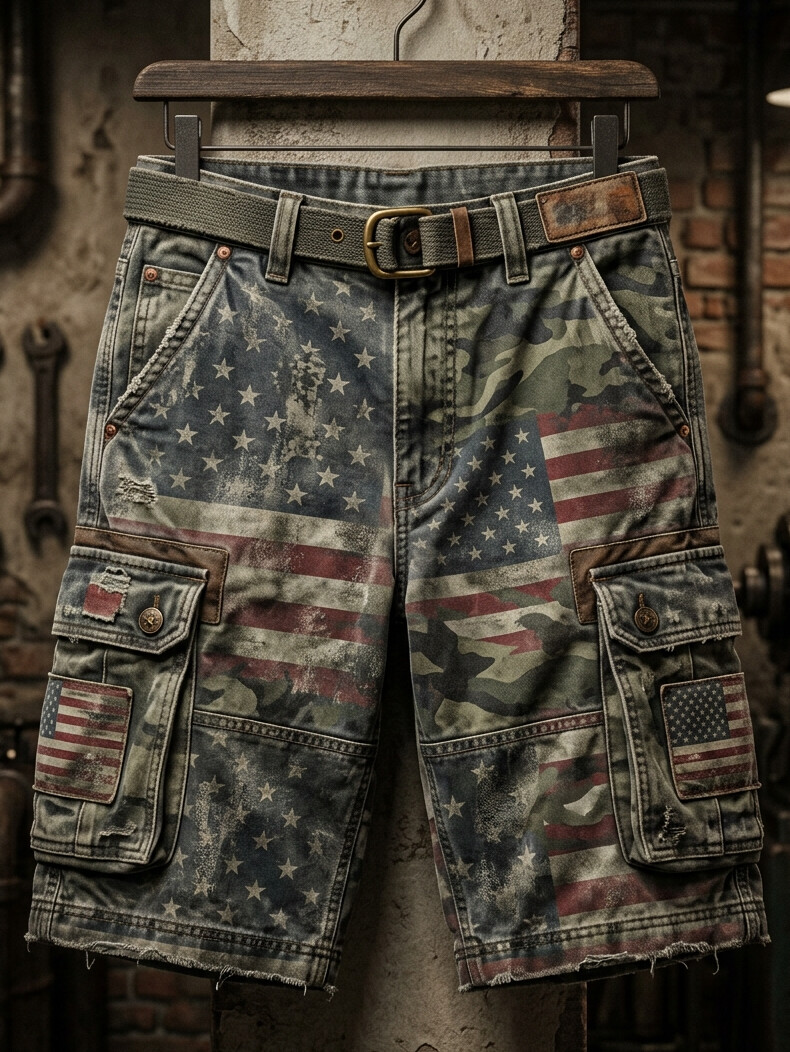 Men's American Flag Camouflage Art Print Denim Casual Shorts