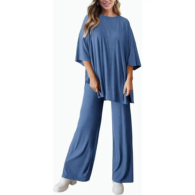 Women's 2-Piece Outfits Short Sleeve Pullover Tops Split Hem Wide Leg Pants Lounge Sets