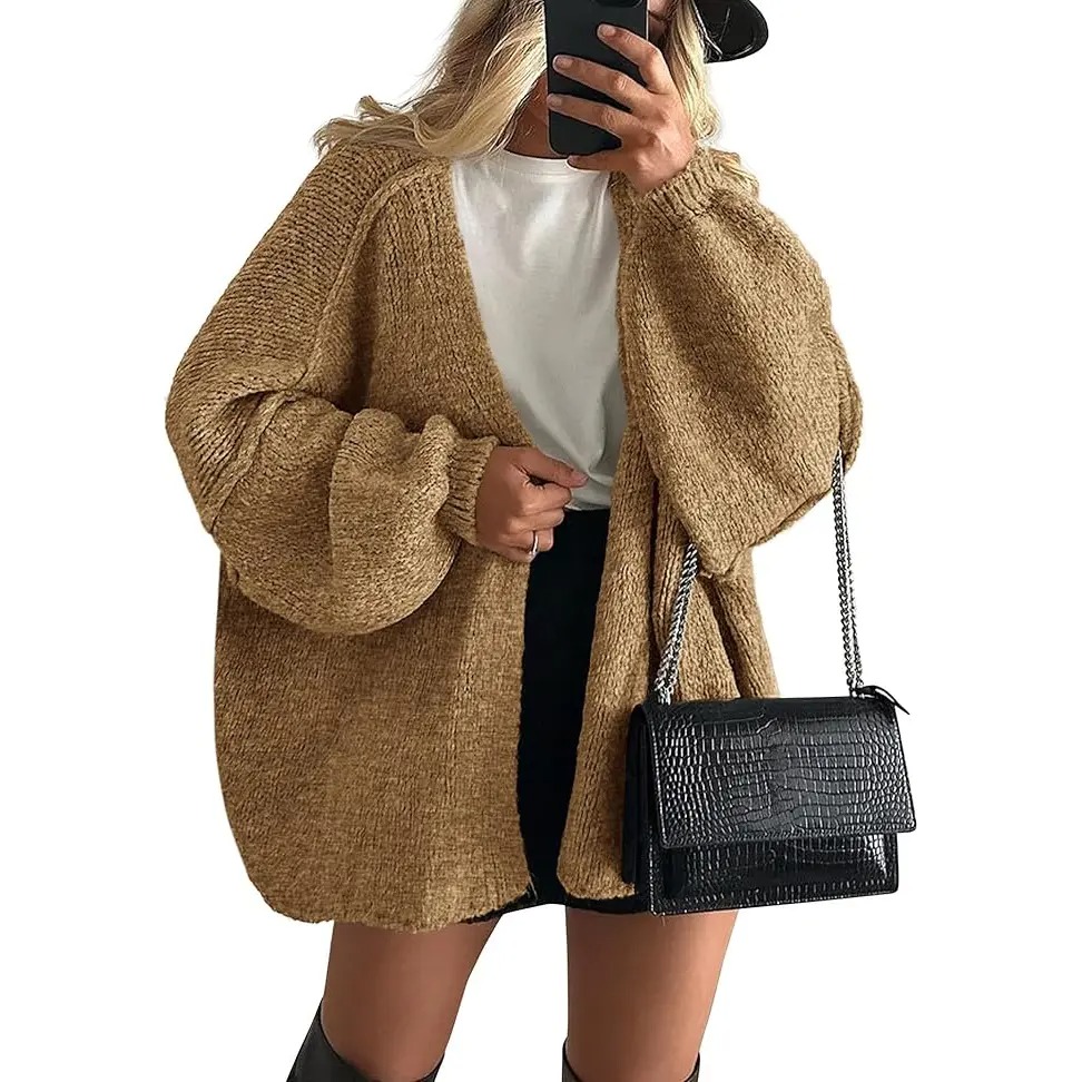 Women's Oversized Open-Front Cardigan – Long Lantern Sleeve Lightweight Knit
