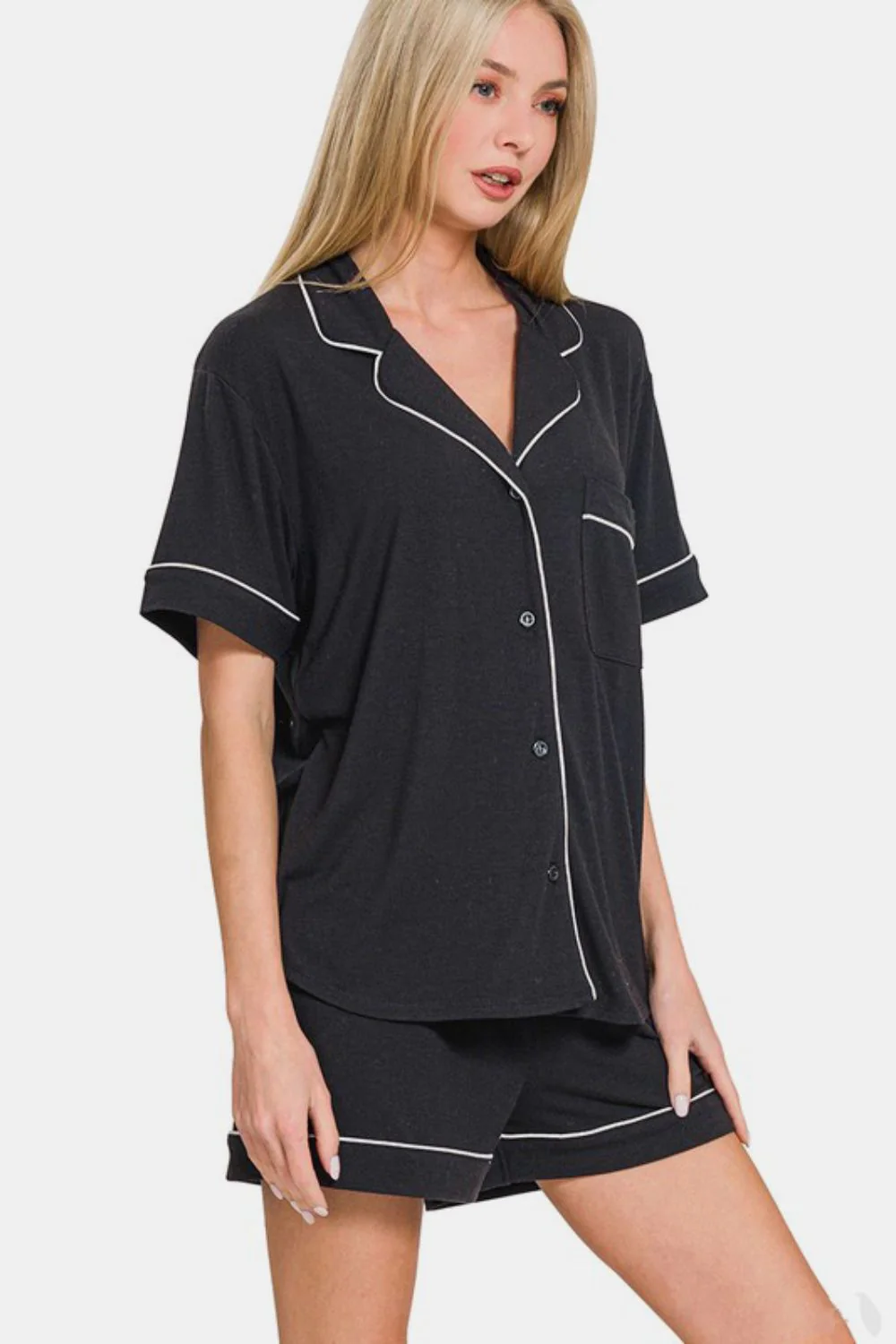 Button Down Short Sleeve Top and Shorts Lounge Set