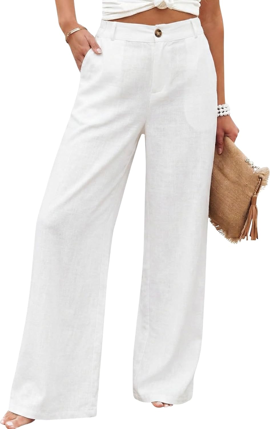 Womens Cotton Linen Pants Casual Button Up High Waisted Wide Leg Trousers