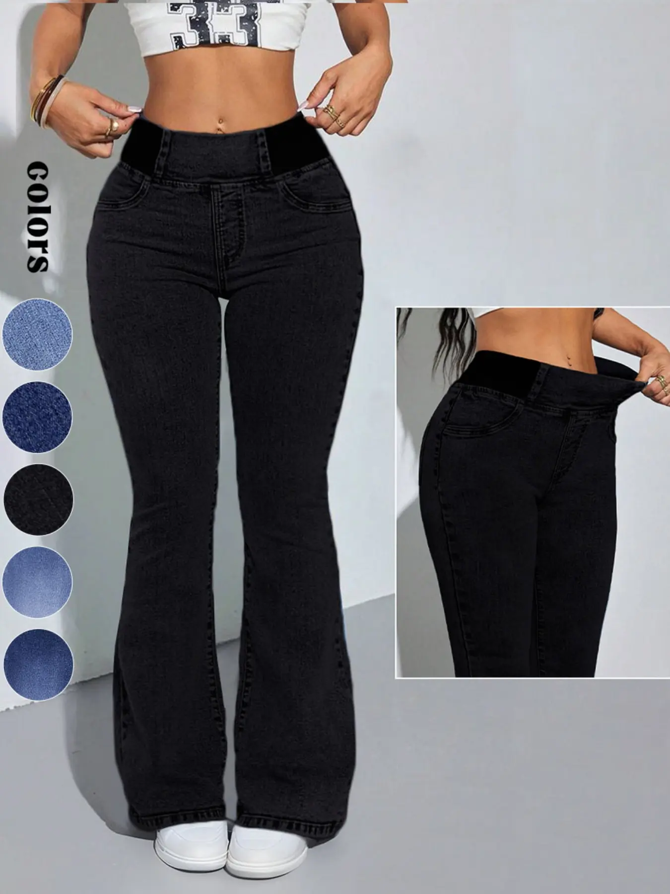 2026 Women's Back Shirred Jeans, Mid - Rise Elasticity Waist Flared Jeans, With Pockets