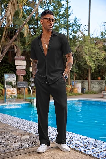 Men's 2 Piece Outfit Casual Short Sleeve Button Down Shirt Beach Summer Loose Pant Sets