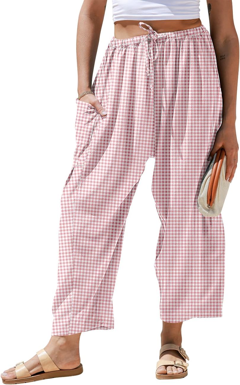 Womens Linen Wide Leg Striped Pants Casual Barrel Loose Drawstring Low Waist Palazzo Harem Pants with Pockets