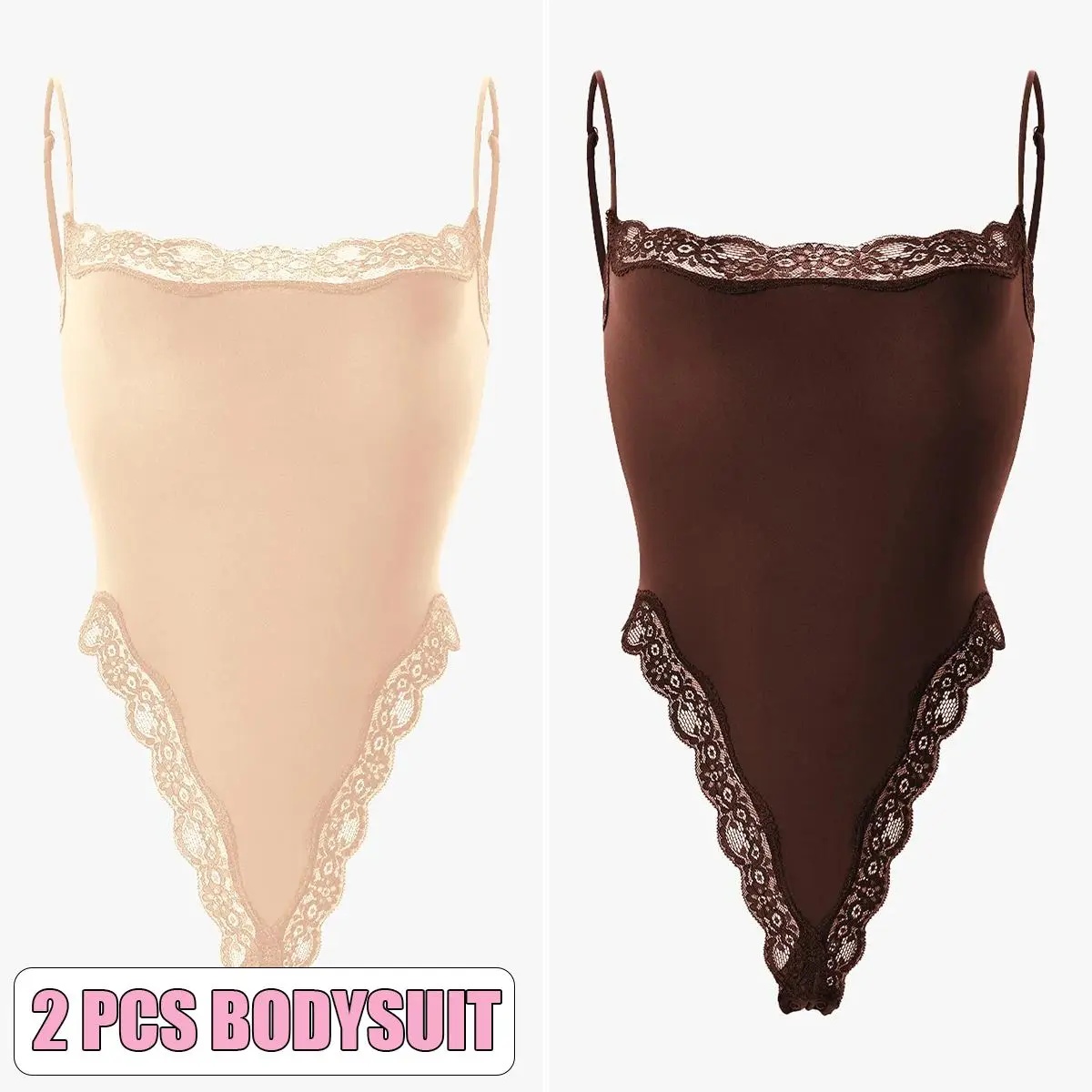 KatchMe Lace Series Women's Simple Style Spaghetti Strap Lace Trim Breathable Bodysuit