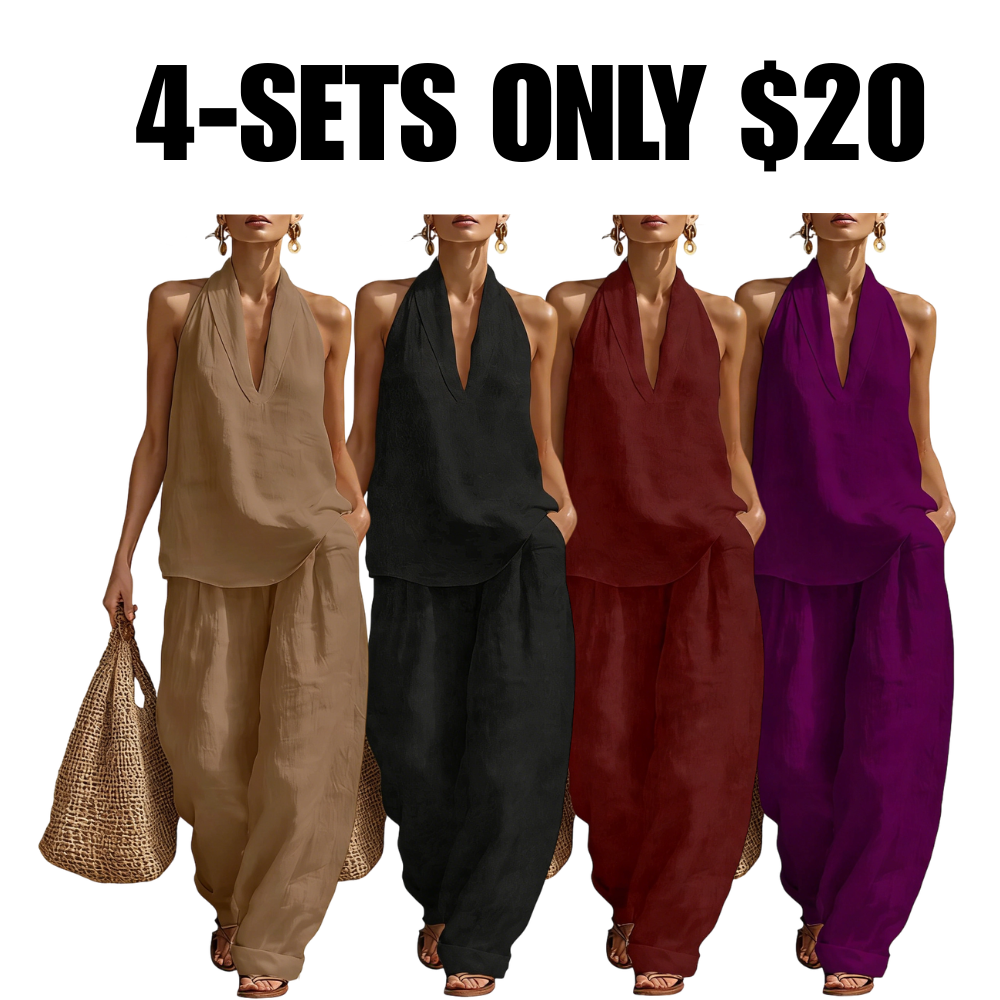 Women's Halter Neck Linen Two Piece Outfit – Casual Sleeveless Top and Wide Leg Pants Set
