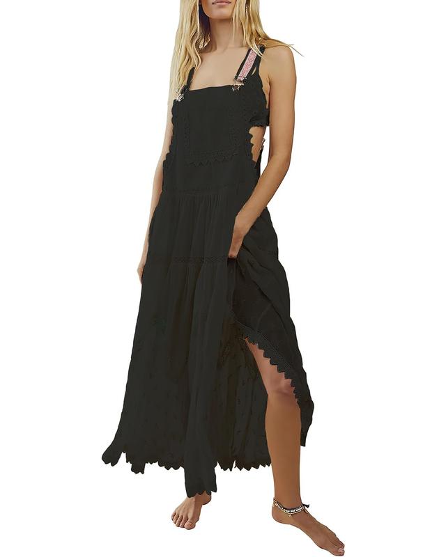 Ebossy Women's Basic Minimalist Sleeveless Laced Embroidered Tulle Bib Dress Casual Loose Adjustable Straps Maxi Dress Womenswear Boho Style