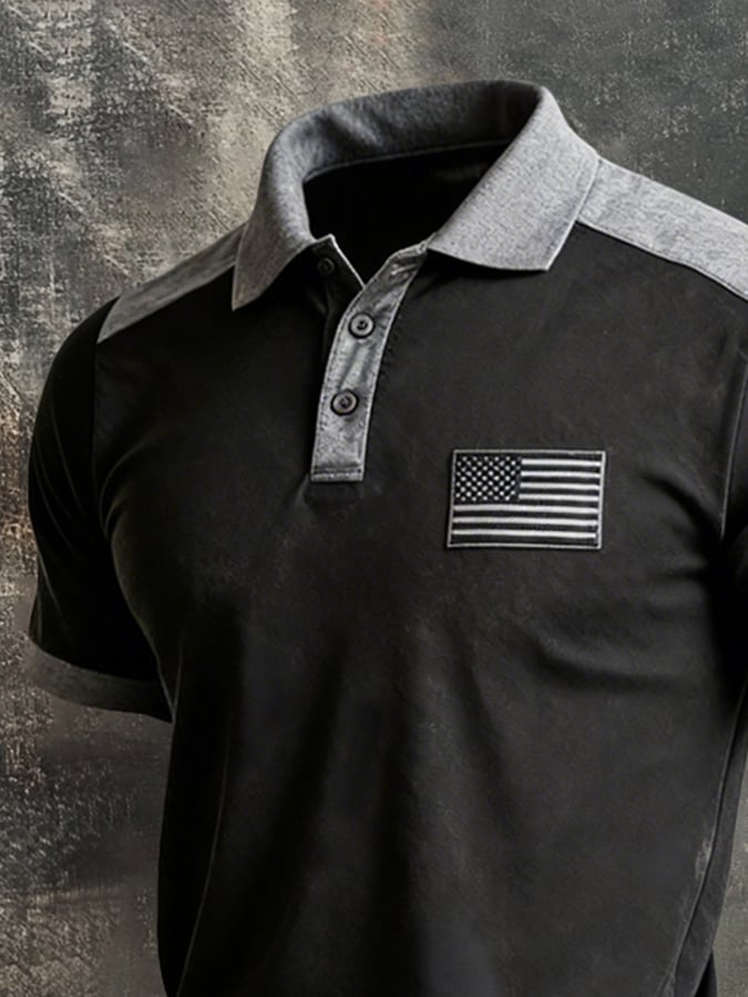 Men's Retro Patriot Color Block Polo Collar Short Sleeve
