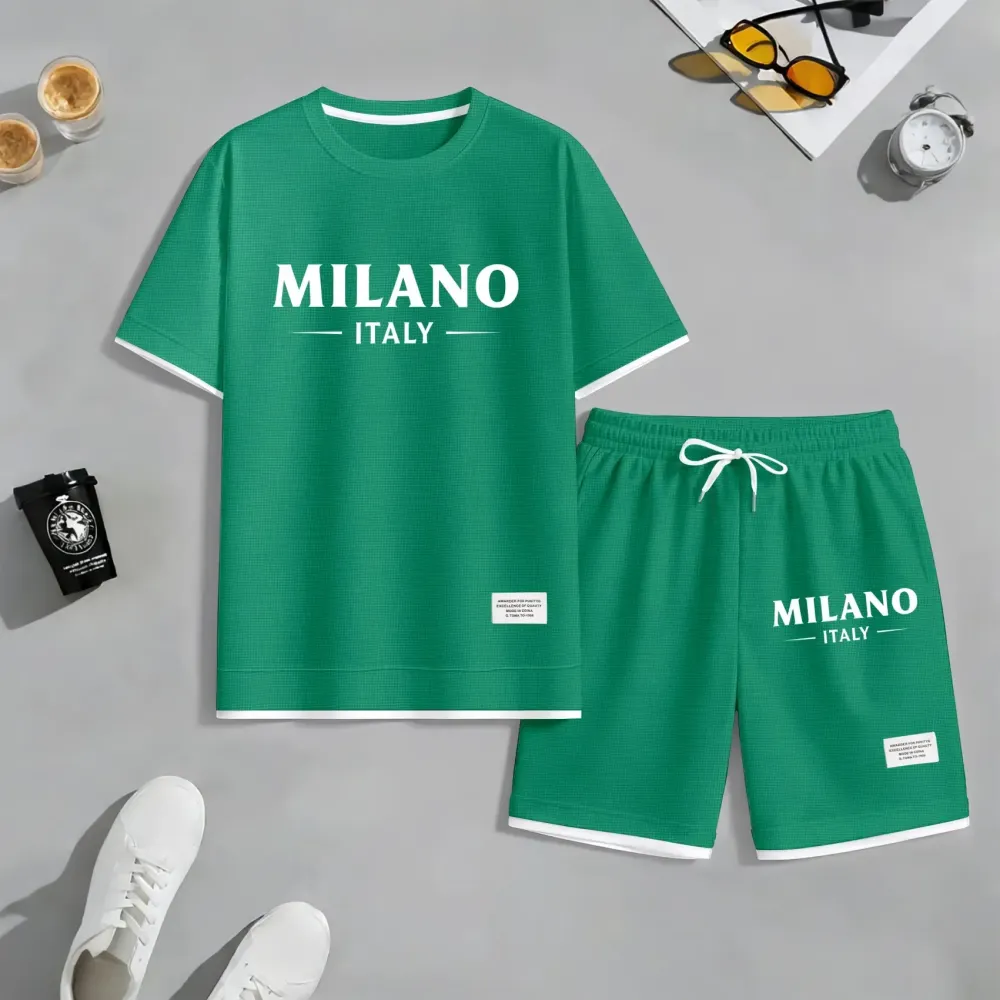 Men's Polo Print Drawstring Shorts Set For Spring/Summer. A Casual Summer Outfit, Including A Short-Sleeved Shirt And Shorts