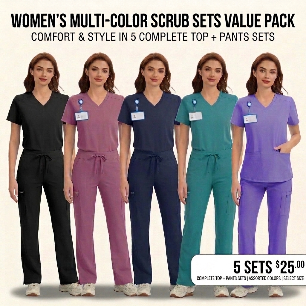 Women's Stretch Scrub Set - V-Neck Top & High Rise Yoga Waist Pants with Pockets