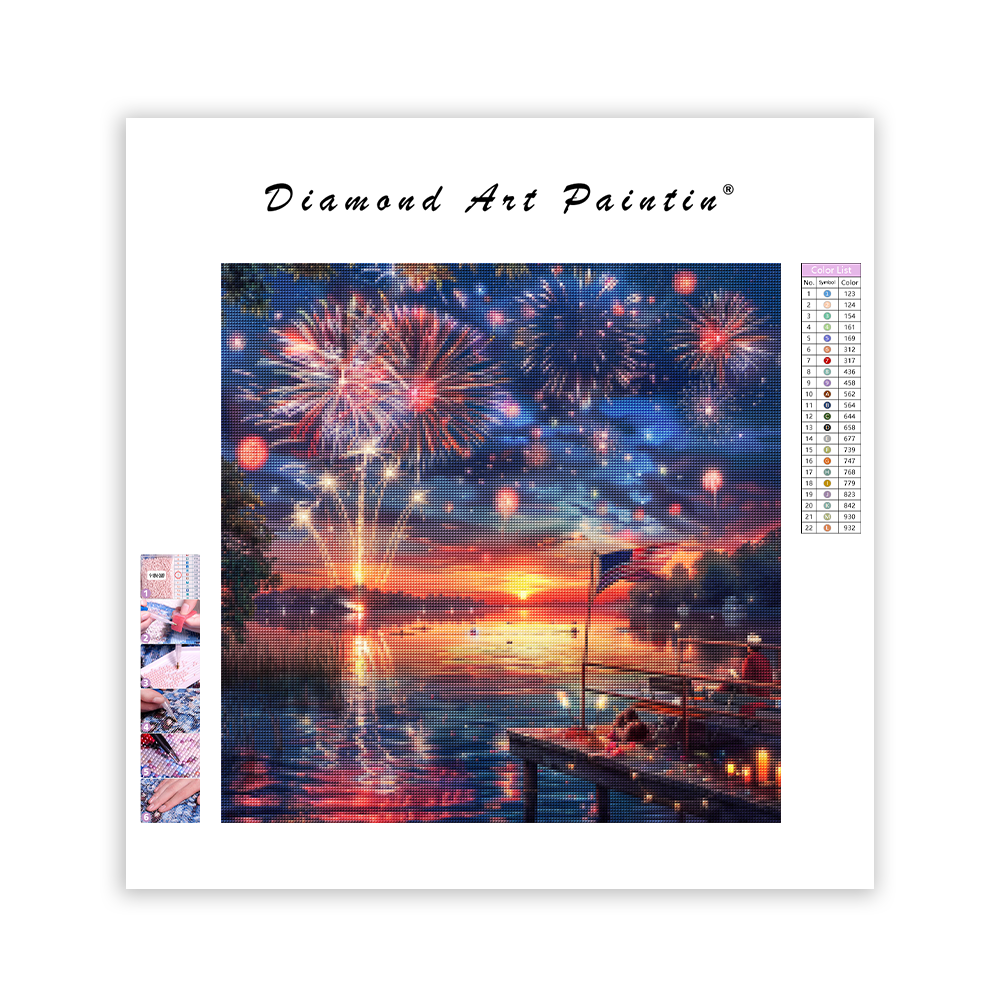 4th of July Fireworks Over Lake - Diamond Painting