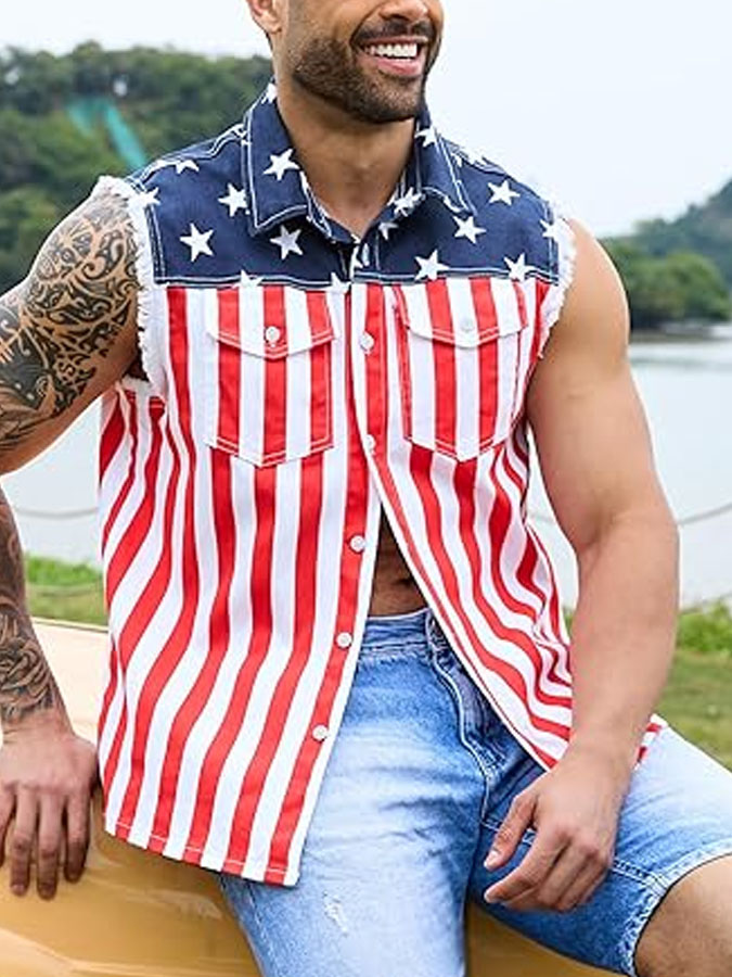 Unisex Denim American Flag Denim Shirt Collar Slim Fit Independence Day 250Th Anniversary Edition Classic Print Vest Sleeveless Shirt