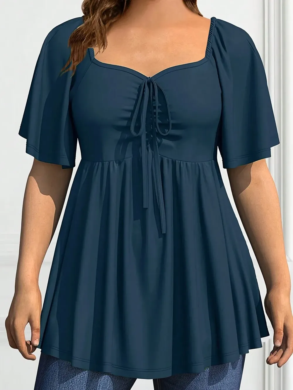 Plus Size Solid Color Rhinestone Collar Tie Front Short Sleeve Simple Casual T-Shirt