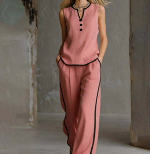 Women's Contrast Trim V-Neck Lounge Set - Sleeveless Wide Leg Pants Outfit - Mother's Day Gift