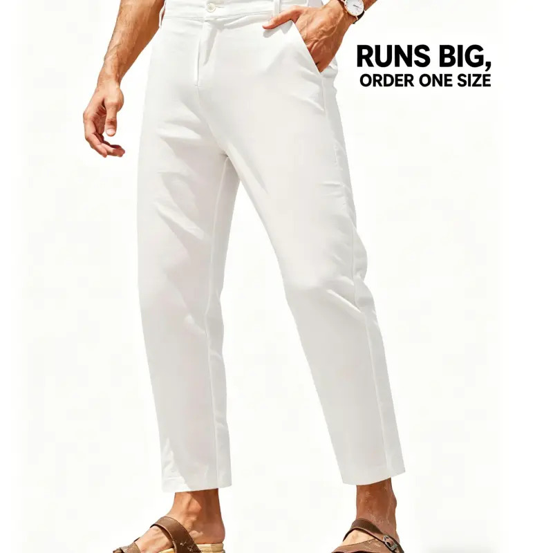 Men's Cotton-Linen Trousers — Elastic Waist, Lightweight Casual Pants, Slim Fit, Yoga & Beach Pants (With Pockets)