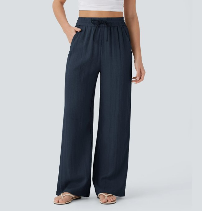 High Waisted Drawstring Pocket Wide Leg Baggy Casual Linen-Feel Pants