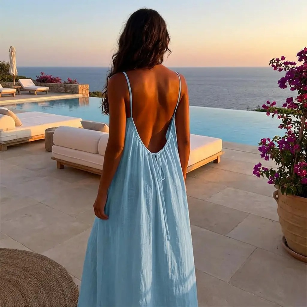 Backless Cami Dresses for Women Cami Lounge Dress Backless Sleeveless House Dress Long Sundress with Back Tie