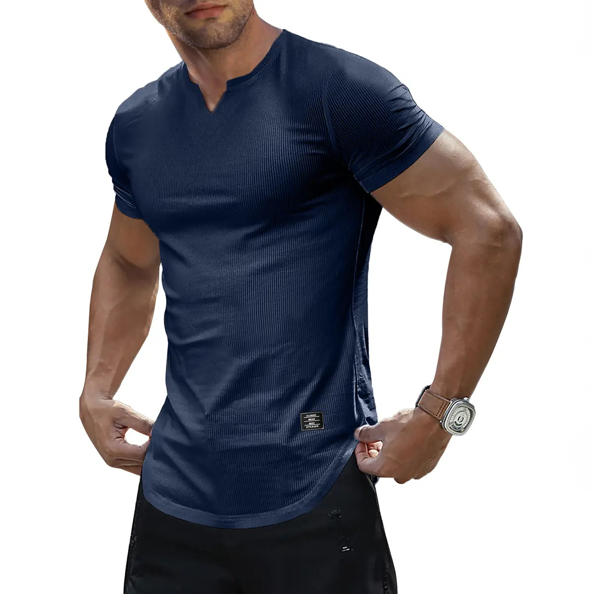 Men's Solid-Color Slim-Fit Long V-Neck T-Shirt