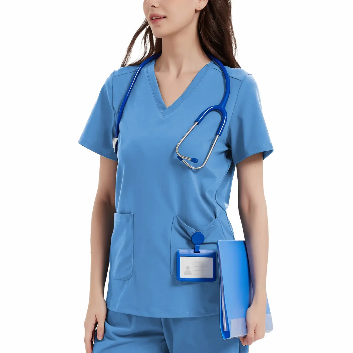 Women's Yoga-Style Medical Top — V-Neck, Double Pockets, Soft, Comfortable, and High-Stretch