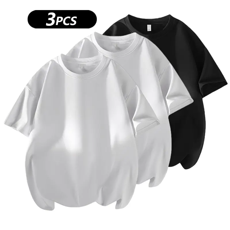 Men's 3PCS 100% cotton Crew Neck T-Shirts Set - Soft Loose Fit Navy Gray Black Tees for Casual Daily Wear