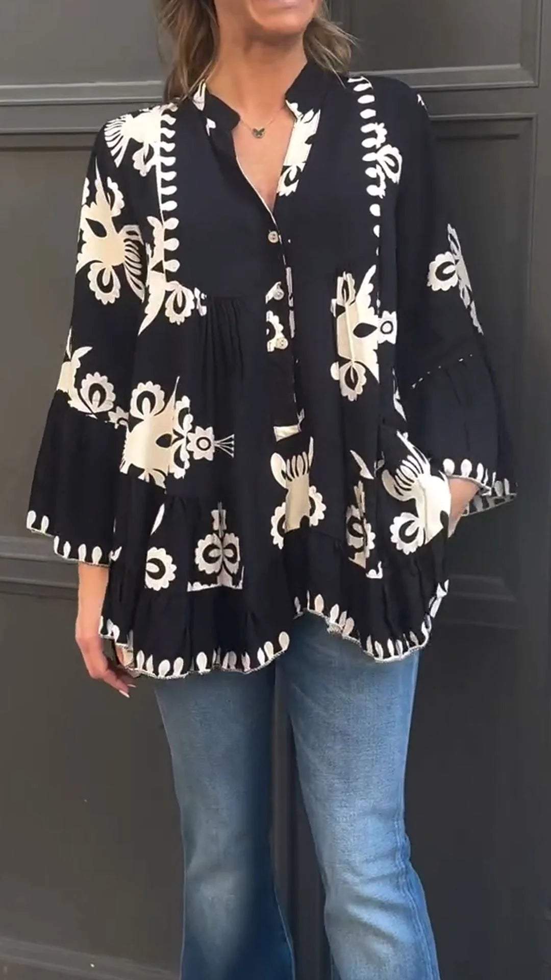 Women V-neck Casual Printed Top
