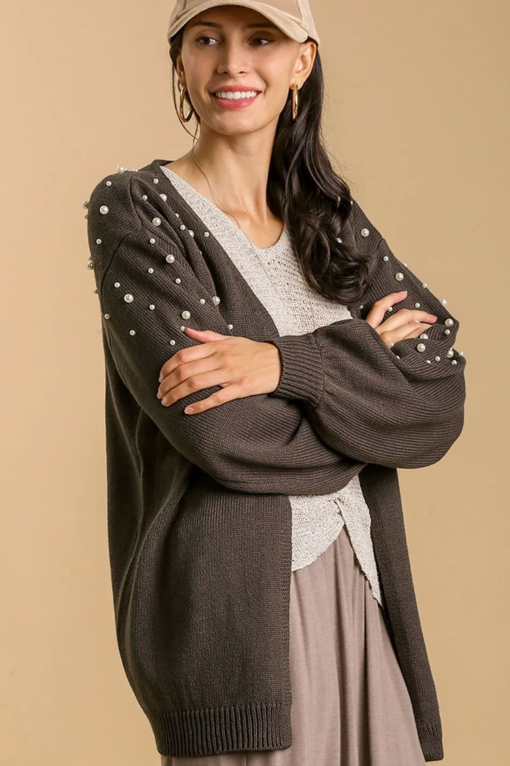 Full Size Open Front Cardigan with Long Sleeve Pearl Details Plus Size