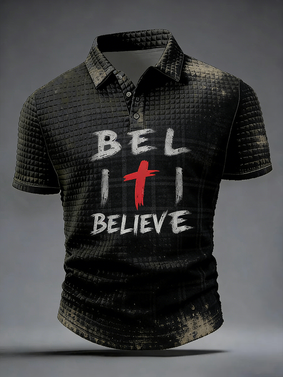 Vintage Grunge Christian Cross Believe Short Sleeve Polo