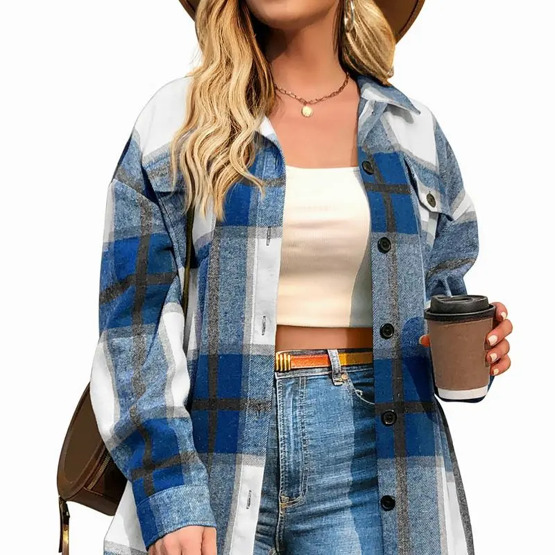 Womens Plus Size Shacket Jacket Flannel Plaid Long Sleeve