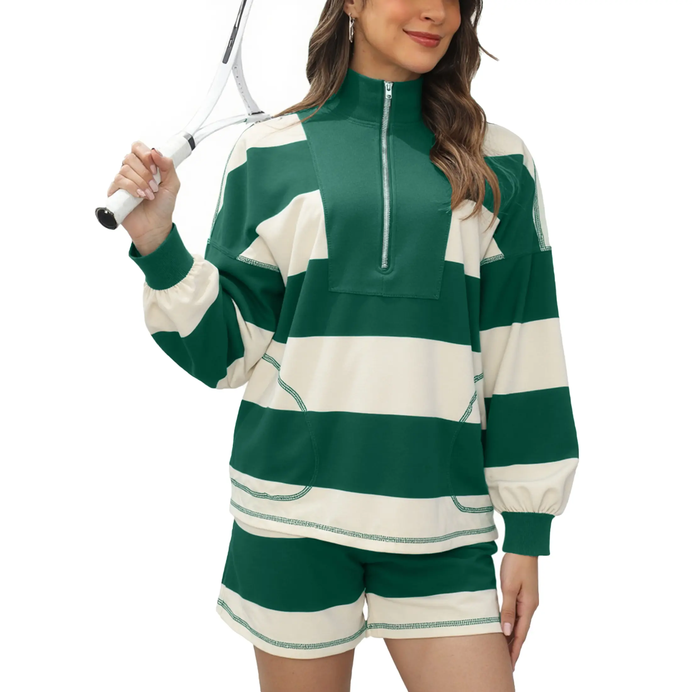 Women's Lounge Set 2 Piece Striped Long Sleeve Quarter Zip & Short Sleeve T Shirt and Shorts for Summer & Autumn Casual Workout Tracksuit