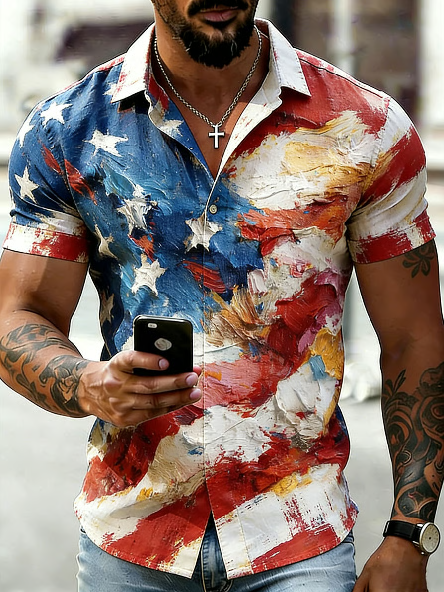 Men's Retro Art American 250th Anniversary Cotton Linen Short-Sleeve Shirt