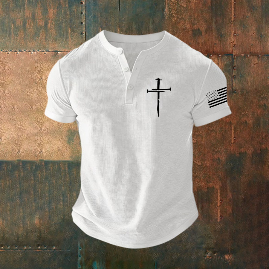 Women's Faith Cross American Flag Printed Waffle Top