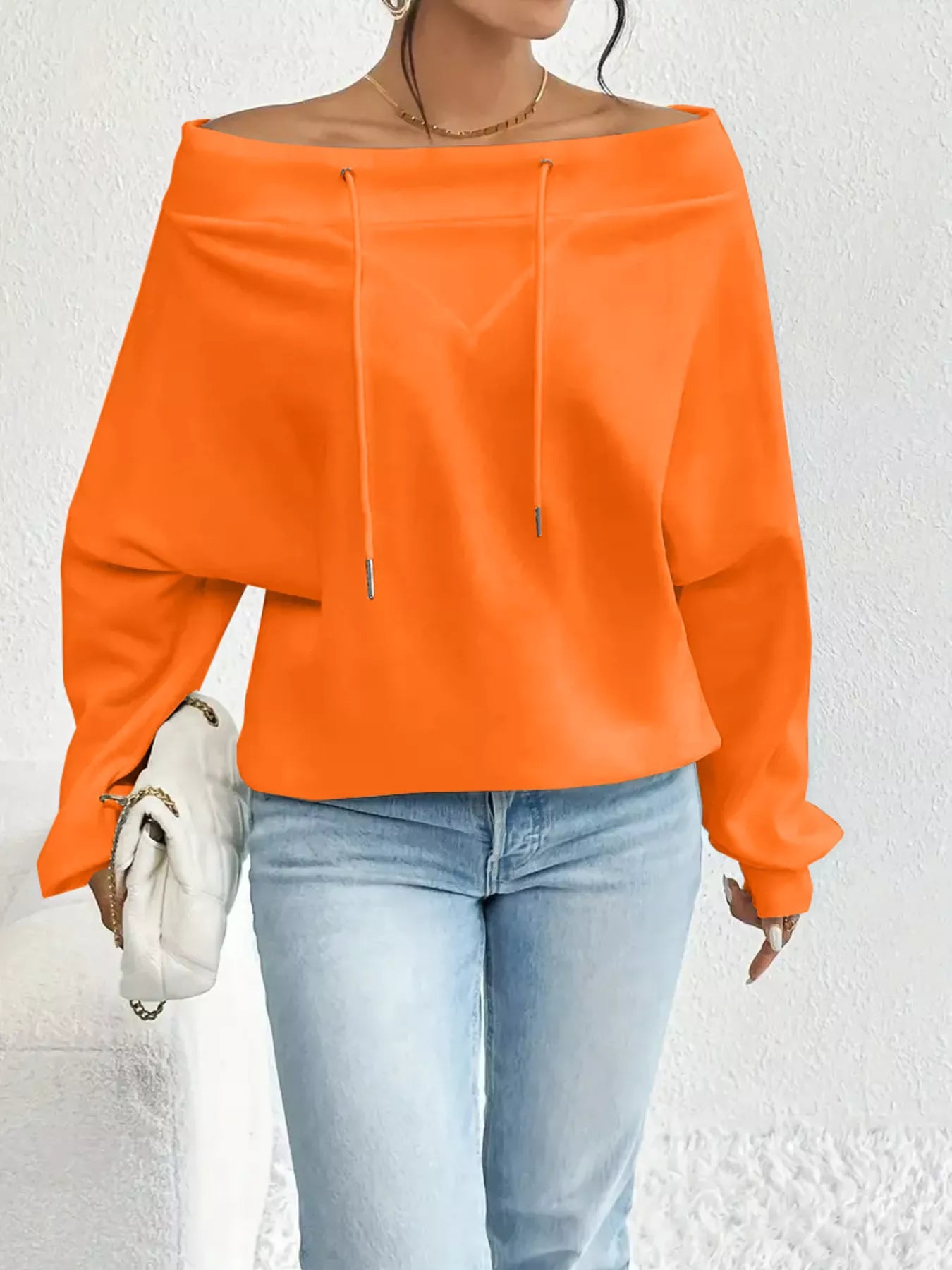 Full Size Off-Shoulder Drawstring Long Sleeve Top Plus Size
