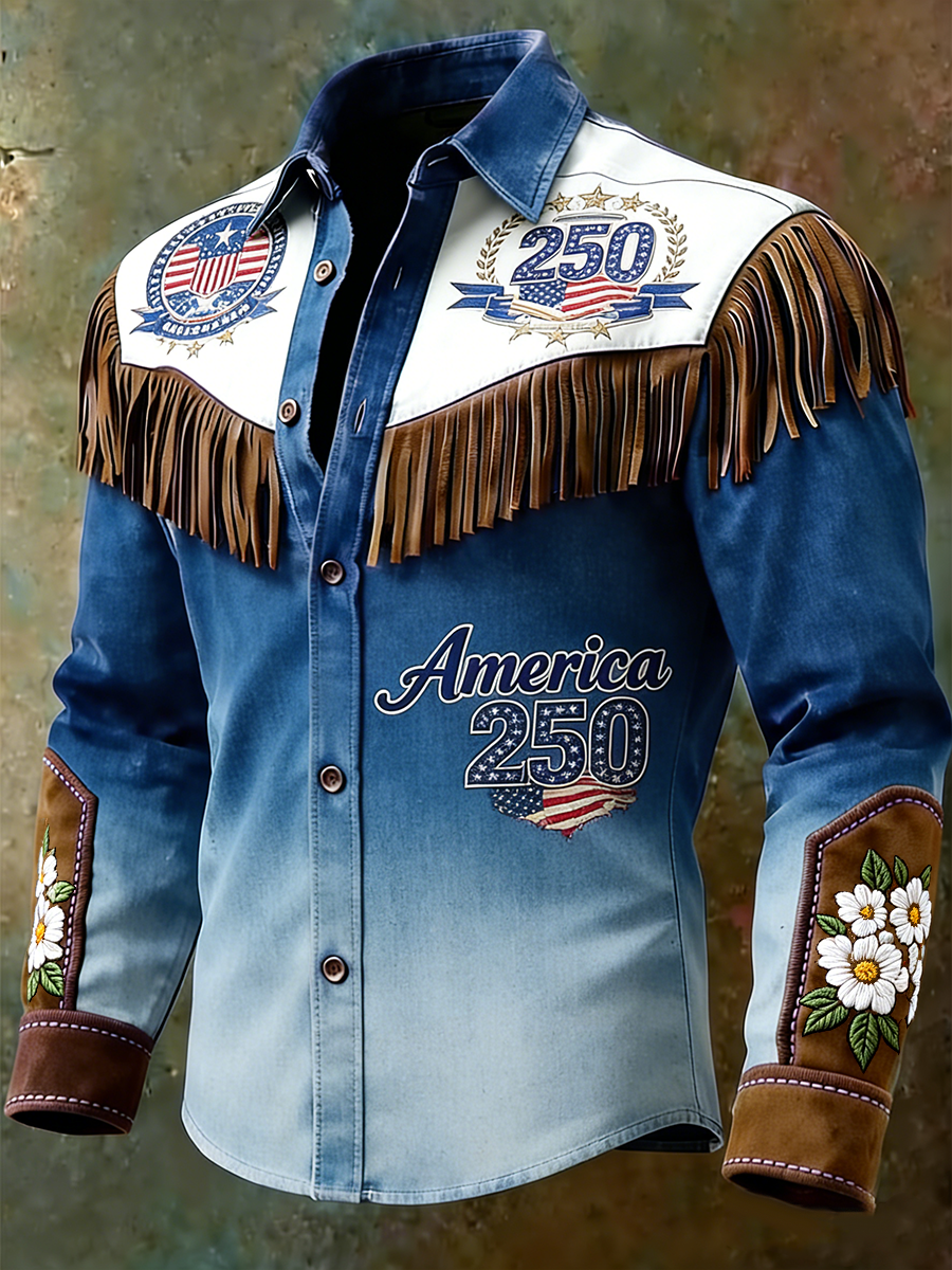 Men's America 250 Gradient Patriotic American Flag & Daisy Embroidered Western Fringe Shirt
