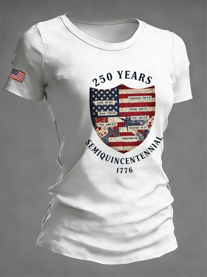 Women's 250 YEARS Semiquincentennial Shield Bible Verse Print T-Shirt
