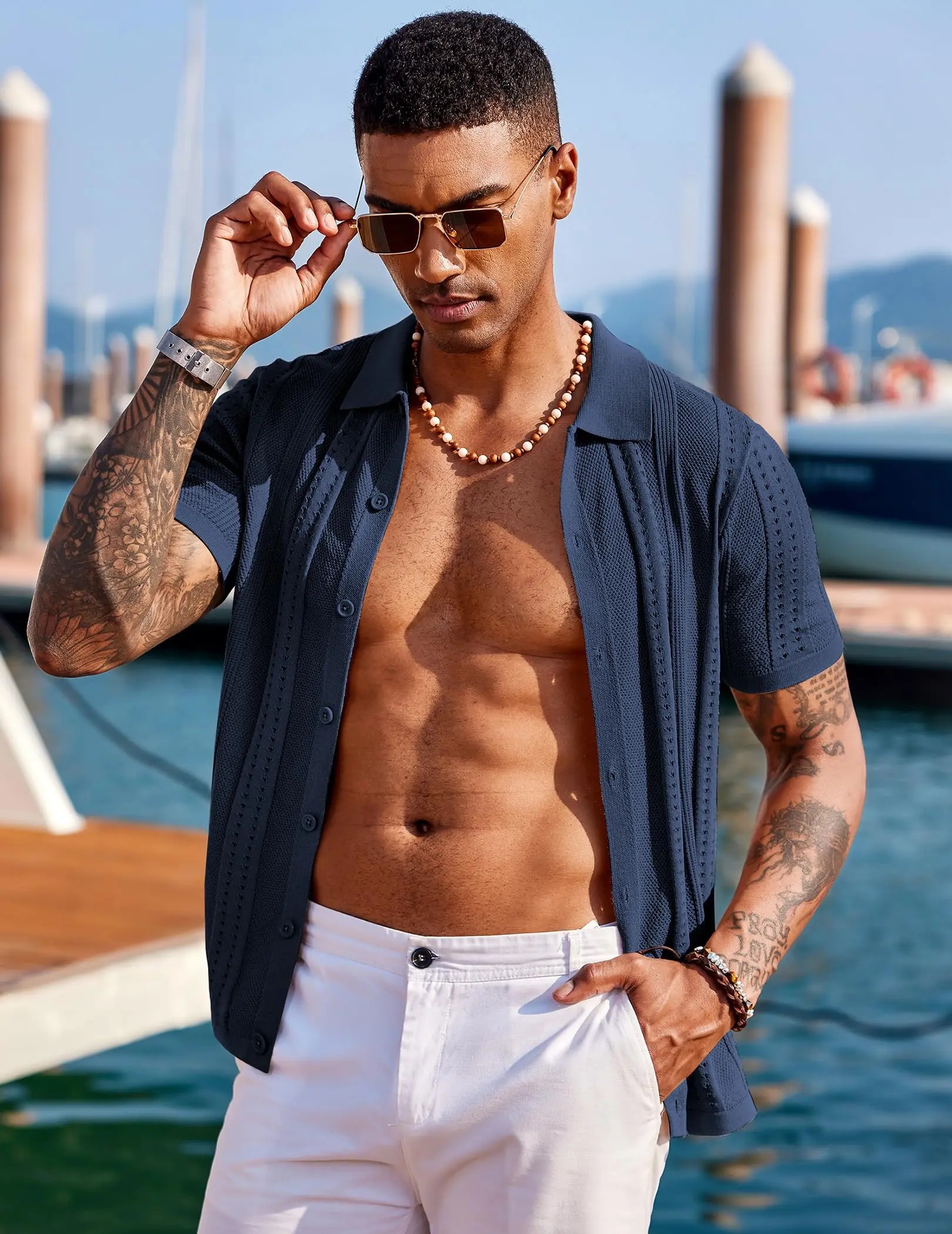 Men's Knit Shirts Short Sleeve Button Down Polo Shirt Fashion Casual Summer Beach Shirts Menswear Top